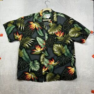 VTG Alohawears‎ Hawaii Shirt Men's Black Tropical Cotton Button Up USA Made - XL
